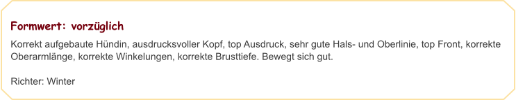 Formwert: vorzüglich Korrekt aufgebaute Hündin, ausdrucksvoller Kopf, top Ausdruck, sehr gute Hals- und Oberlinie, top Front, korrekte Oberarmlänge, korrekte Winkelungen, korrekte Brusttiefe. Bewegt sich gut.  Richter: Winter